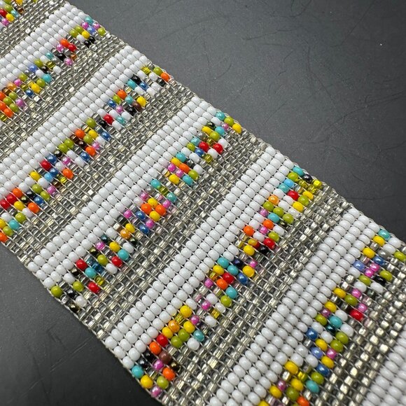 Beaded Bracelet Wide Cuff Multicolor Seed Beads White Silver Tone 925 Clasp 7.5" - Picture 6 of 9
